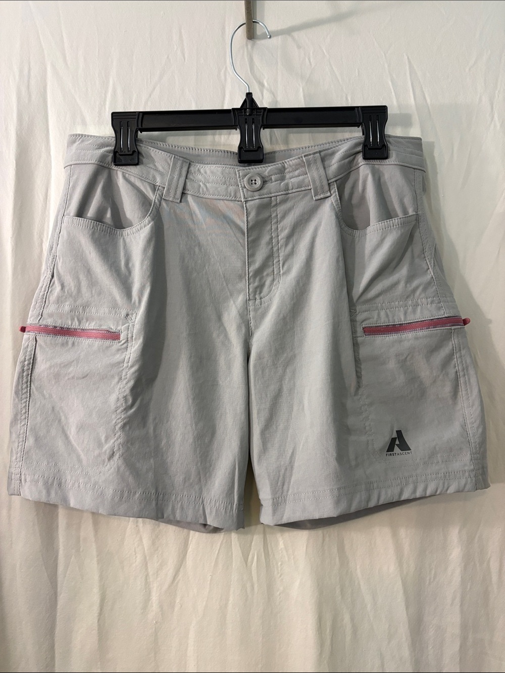 Eddie Bauer Light Gray Bermuda Shorts with Pink Zip Accents